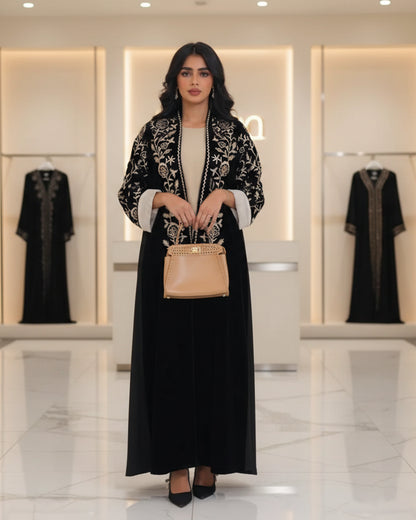 Black Floral Colorblock Open Abaya, product view 1 1