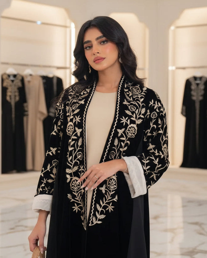 Black Floral Colorblock Open Abaya, product view 3