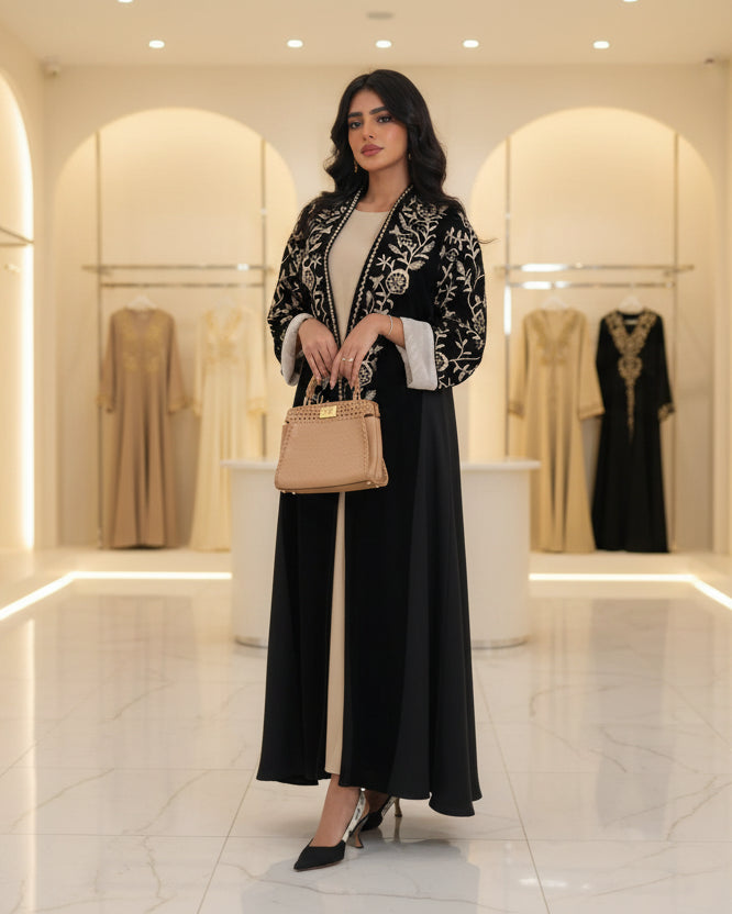 Black Floral Colorblock Open Abaya, product view 5
