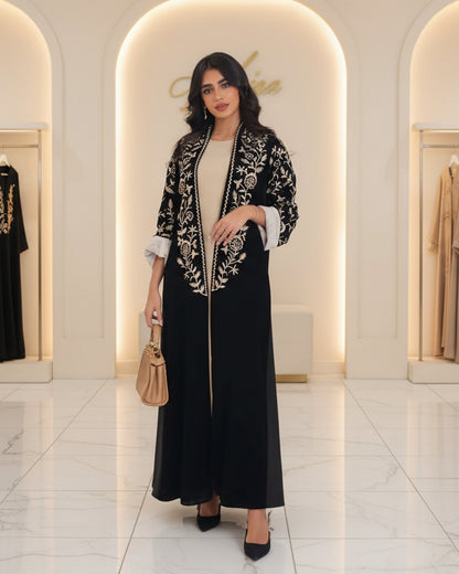 Black Floral Colorblock Open Abaya, product view 6 6