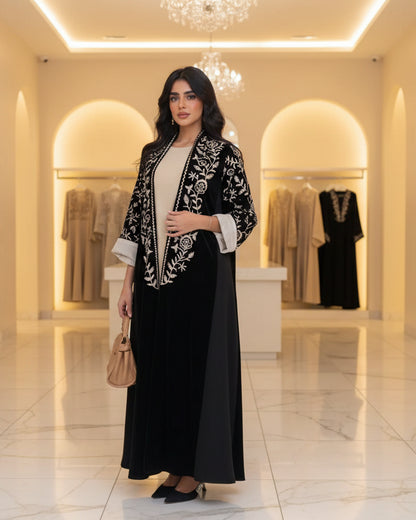 Black Floral Colorblock Open Abaya, product view 7 7