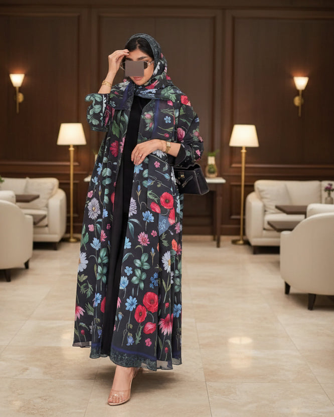 Black Floral Maxi Dress and Hijab Set, product view 1 1