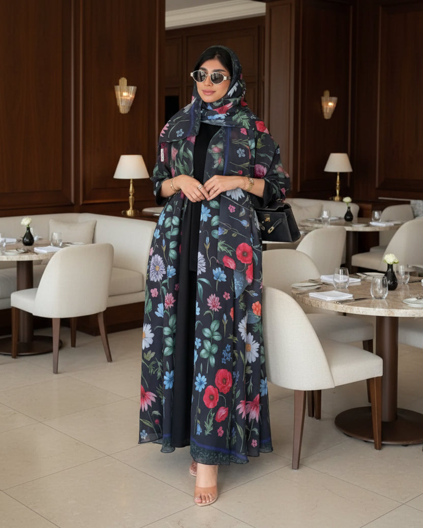 Black Floral Maxi Dress and Hijab Set, product view 3