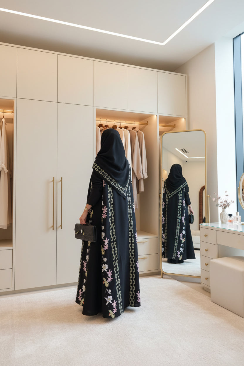 Black Floral Open Abaya for Eid, product view 1 1