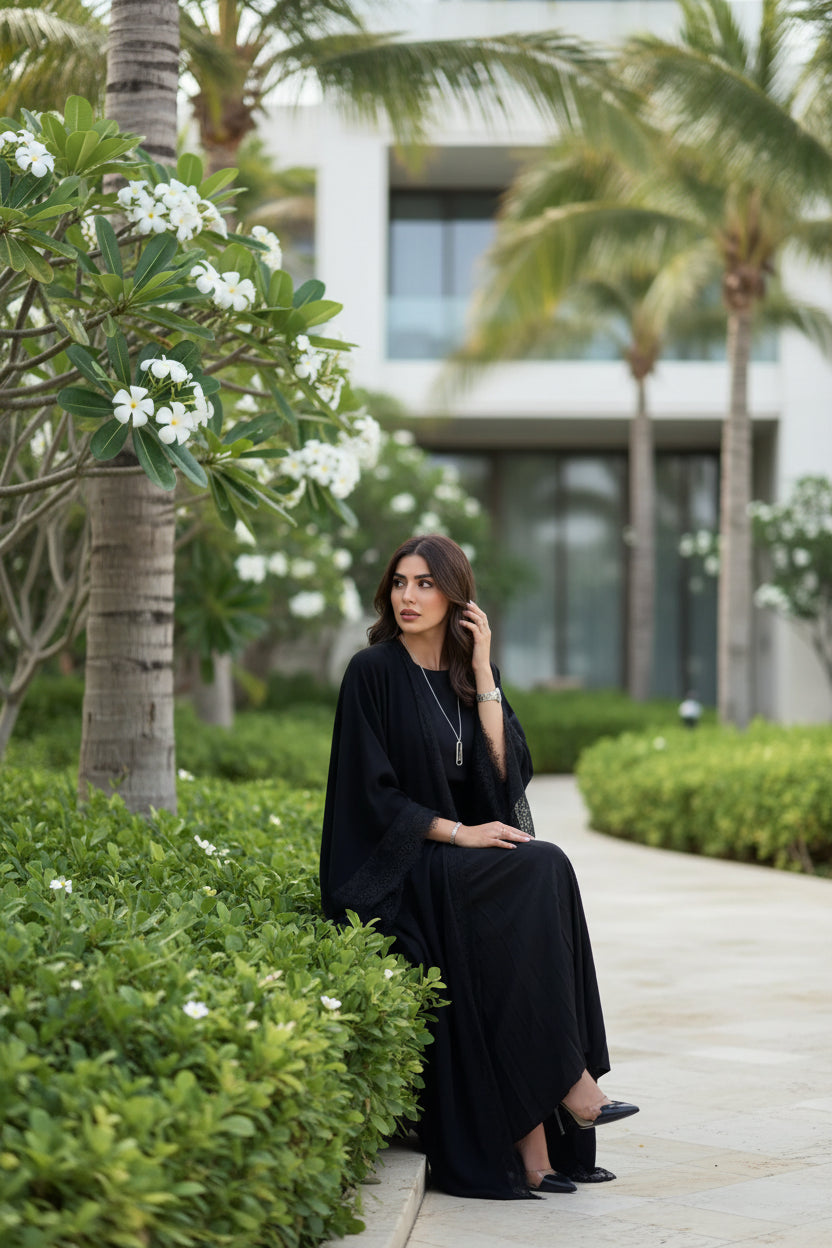 Black Lace-Trim Open Abaya for Eid, product view 1