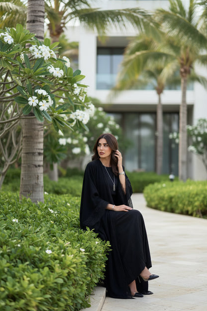 Black Lace-Trim Open Abaya for Eid, product view 1 3