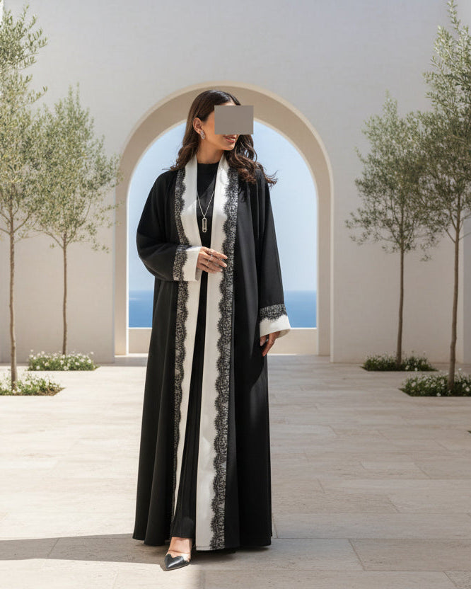 Black Lace-Trim Solid Open Abaya for Everyday Wear, product view 1 1
