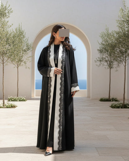 Black Lace-Trim Solid Open Abaya for Everyday Wear, product view 1 1