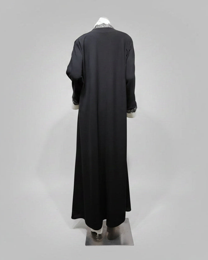 Black Lace-Trim Solid Open Abaya for Everyday Wear, product view 2