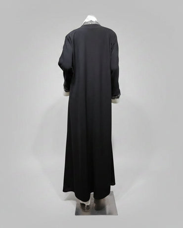 Black Lace-Trim Solid Open Abaya for Everyday Wear, product view 2 2