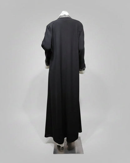 Black Lace-Trim Solid Open Abaya for Everyday Wear, product view 2 2