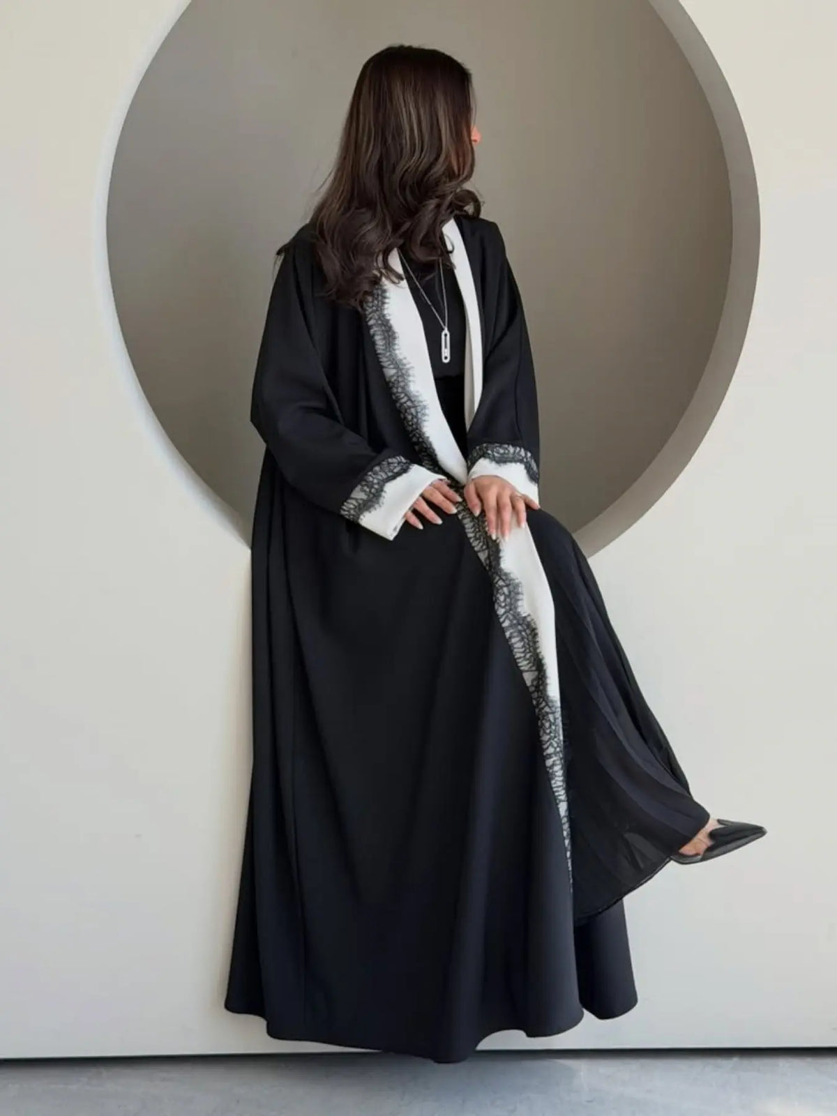 Black Lace-Trim Solid Open Abaya for Everyday Wear, product view 3