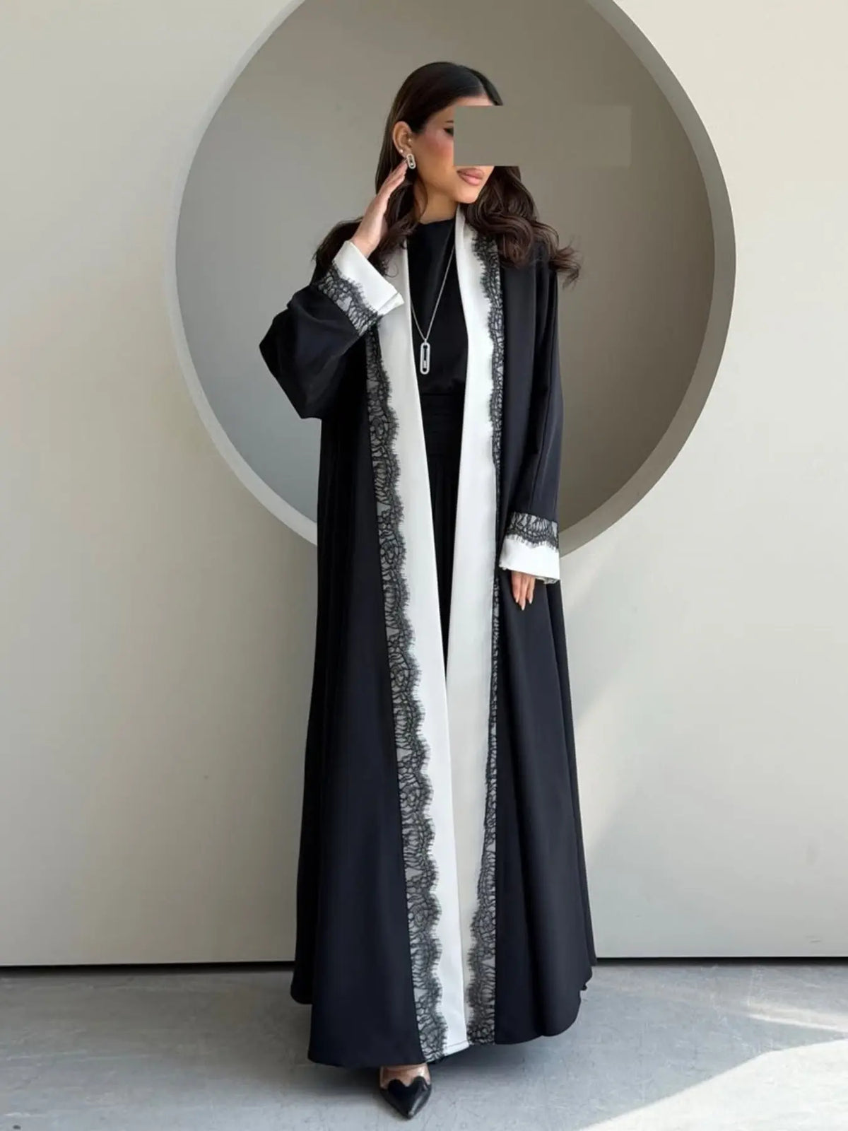 Black Lace-Trim Solid Open Abaya for Everyday Wear, product view 4
