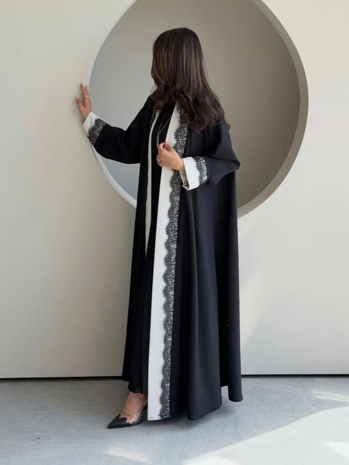 Black Lace-Trim Solid Open Abaya for Everyday Wear, product view 5