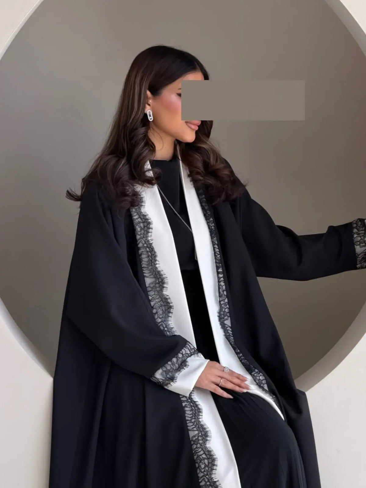 Black Lace-Trim Solid Open Abaya for Everyday Wear, product view 6