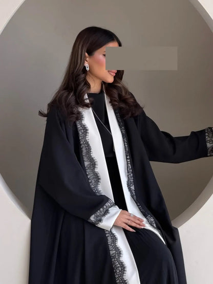 Black Lace-Trim Solid Open Abaya for Everyday Wear, product view 6 6