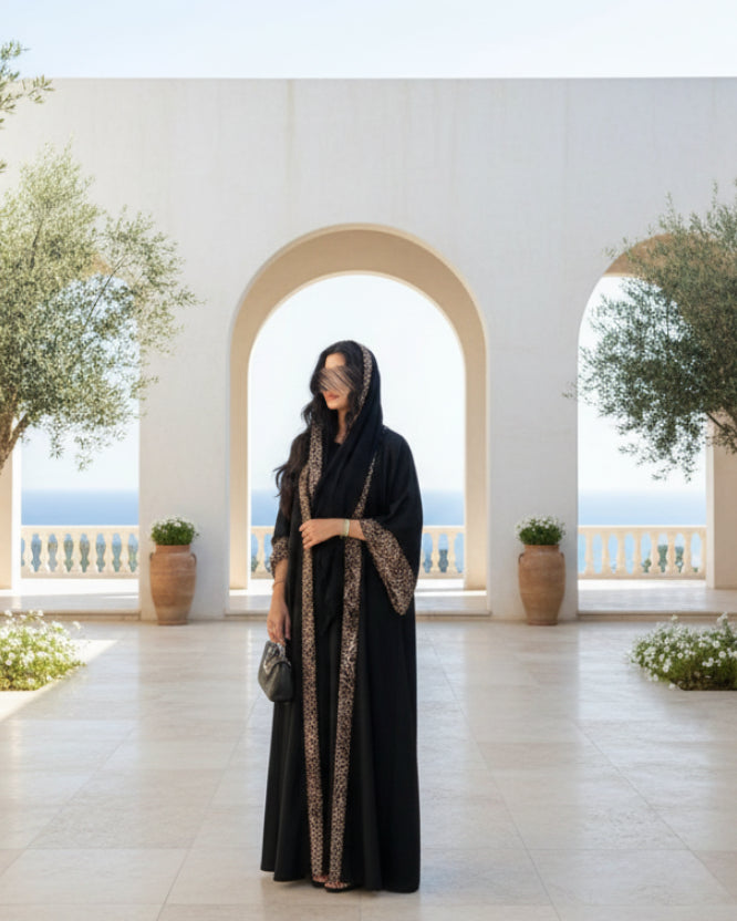 Black Leopard Print Abaya and Hijab Set for Eid, product view 4