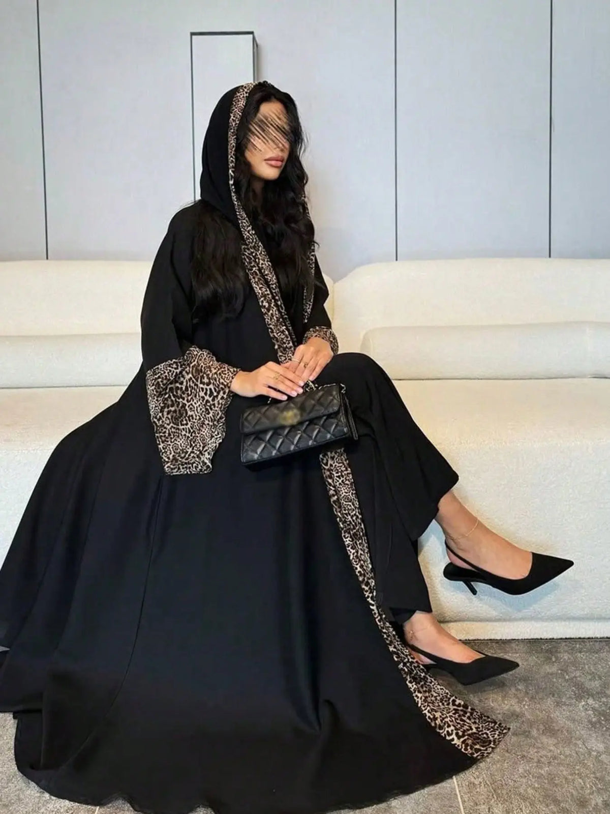 Black Leopard Print Abaya and Hijab Set for Eid, product view 5