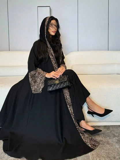 Black Leopard Print Abaya and Hijab Set for Eid, product view 5 5