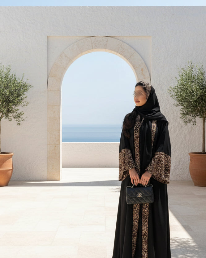 Black Leopard Print Abaya and Hijab Set for Eid, product view 6