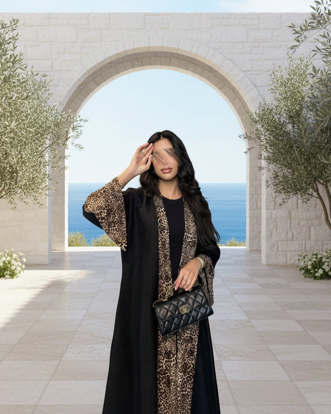 Black Leopard Print Abaya and Hijab Set for Eid, product view 7