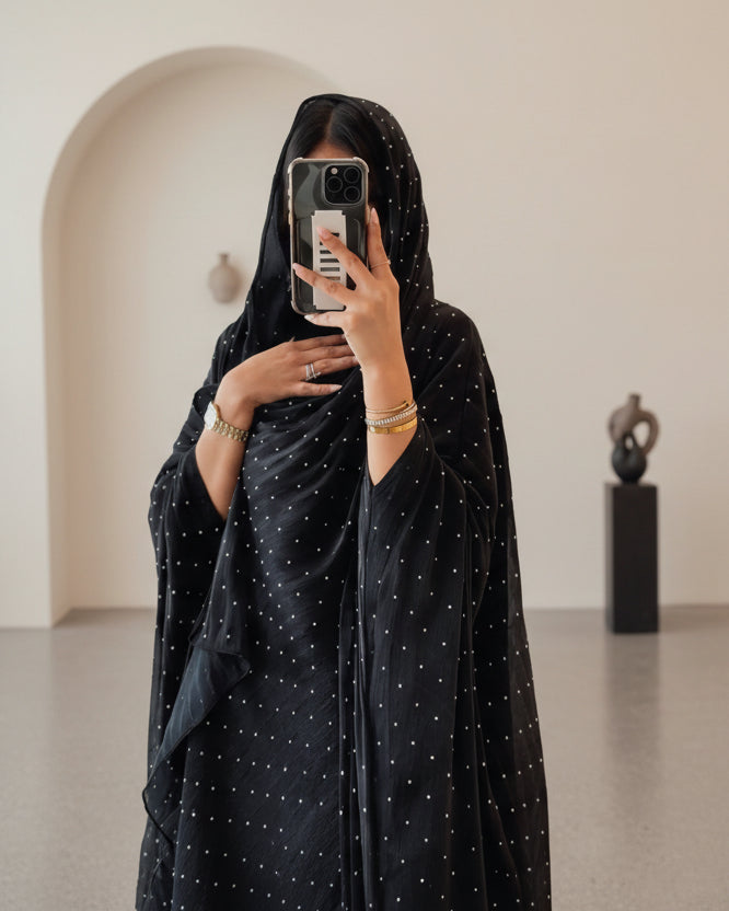 Black Leopard Print Rhinestone Abaya and Hijab Set for Eid, product view 4 1