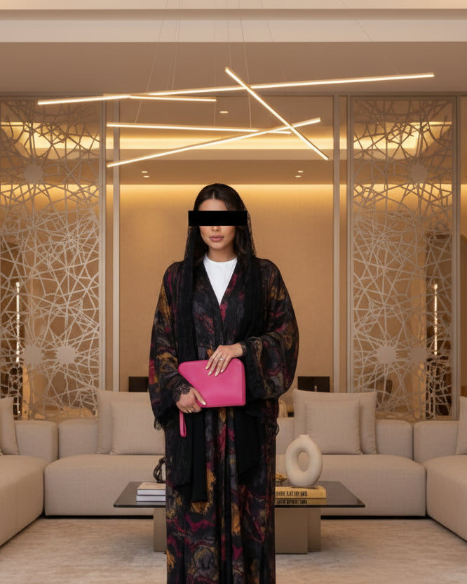 Black Multicolor Floral Lace-Trim Abaya and Hijab Set for Everyday Wear, product view 1