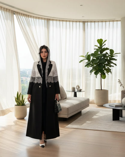 Black Patchwork Lace-Trim Abaya and Hijab Set, product view 1 1
