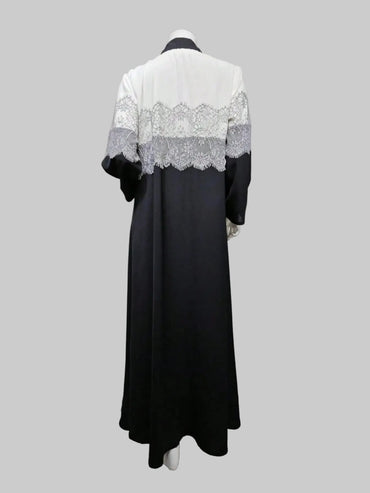 Black Patchwork Lace-Trim Abaya and Hijab Set, product view 2 2