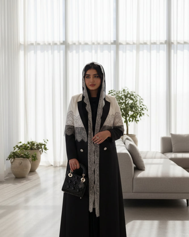 Black Patchwork Lace-Trim Abaya and Hijab Set, product view 3