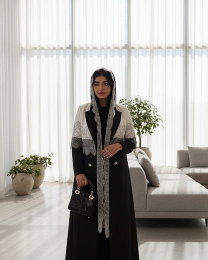 Black Patchwork Lace-Trim Abaya and Hijab Set, product view 3 3