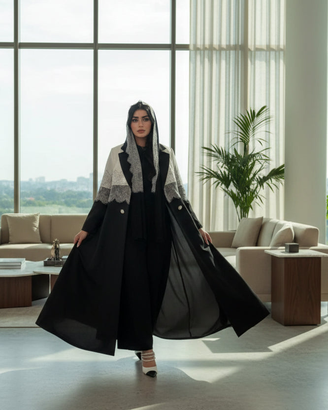 Black Patchwork Lace-Trim Abaya and Hijab Set, product view 4