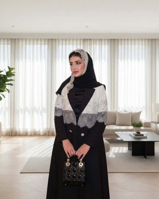 Black Patchwork Lace-Trim Abaya and Hijab Set, product view 5