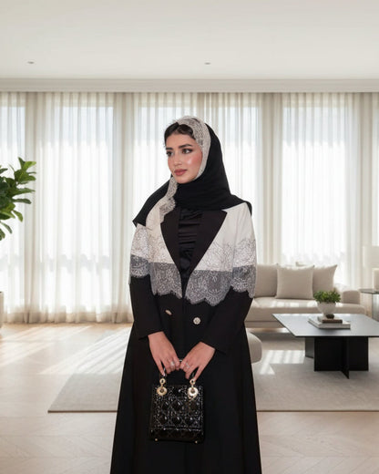 Black Patchwork Lace-Trim Abaya and Hijab Set, product view 5 5