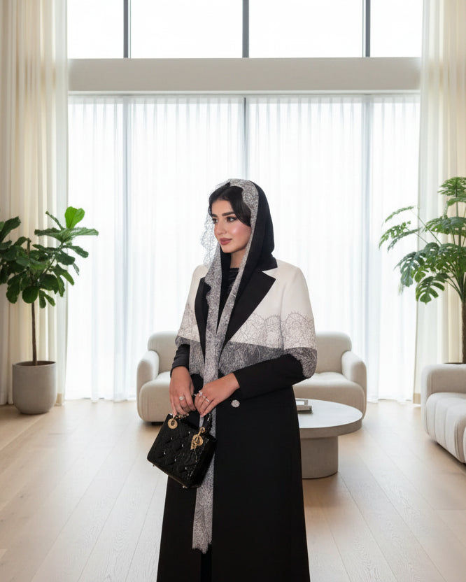 Black Patchwork Lace-Trim Abaya and Hijab Set, product view 7