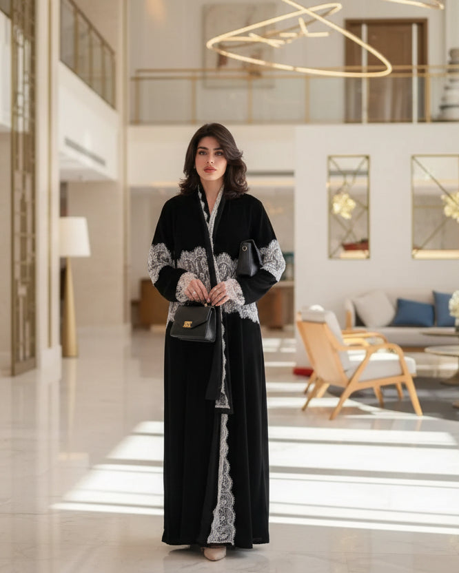 Black Patchwork Lace-Trim Abaya and Hijab Set Style 02, product view 1