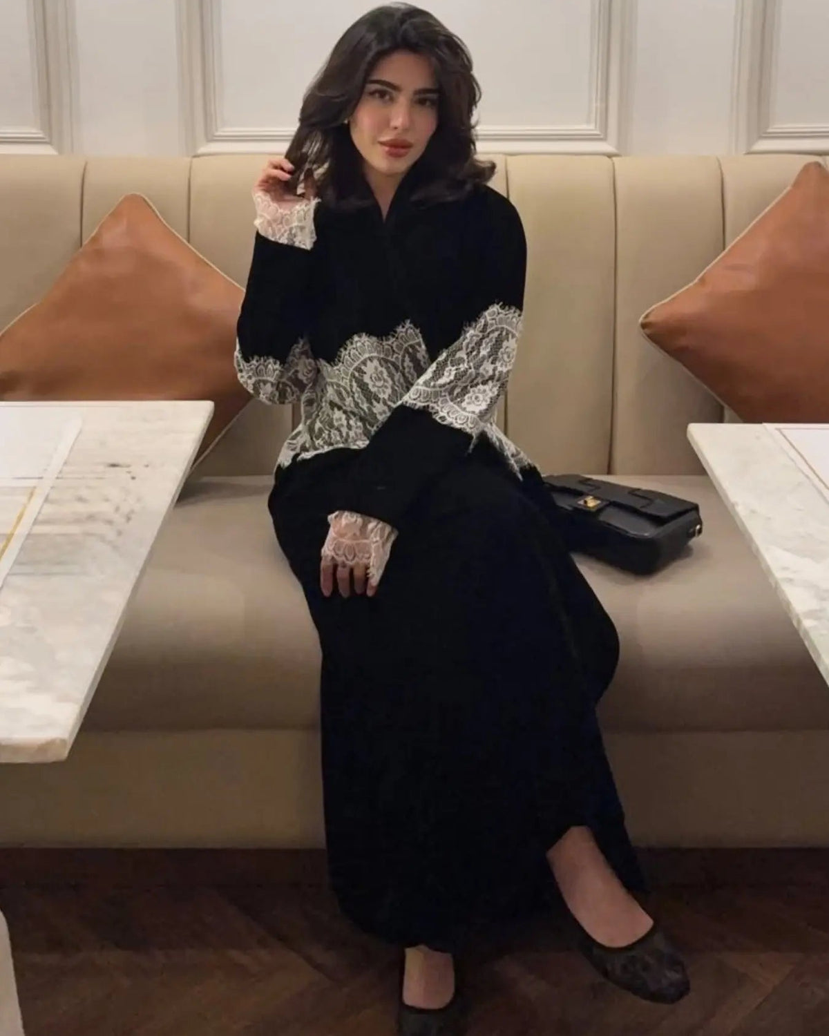 Black Patchwork Lace-Trim Abaya and Hijab Set Style 02, product view 4