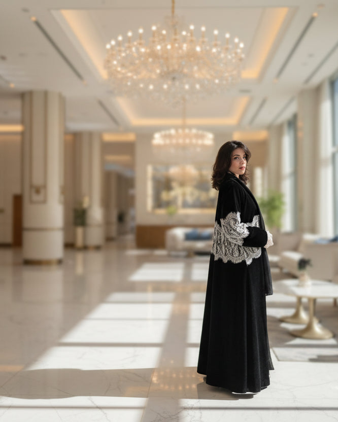 Black Patchwork Lace-Trim Abaya and Hijab Set Style 02, product view 6