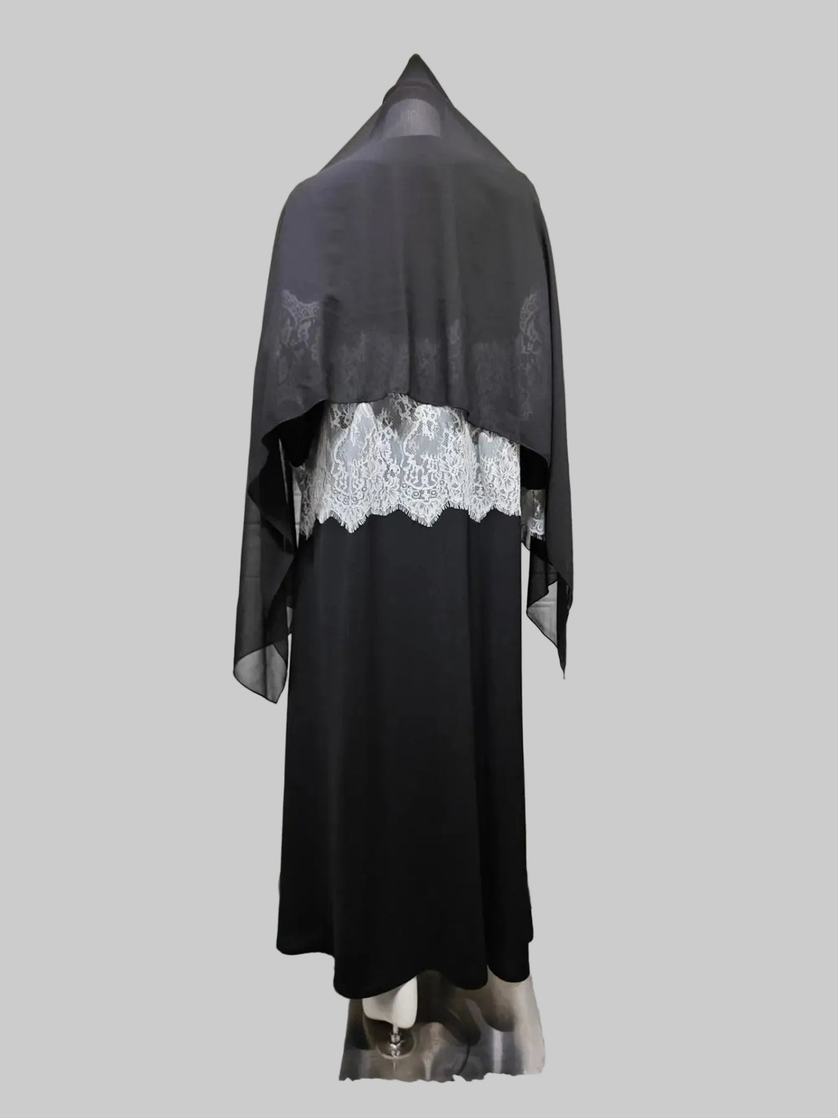 Black Patchwork Lace-Trim Abaya and Hijab Set Style 02, product view 7