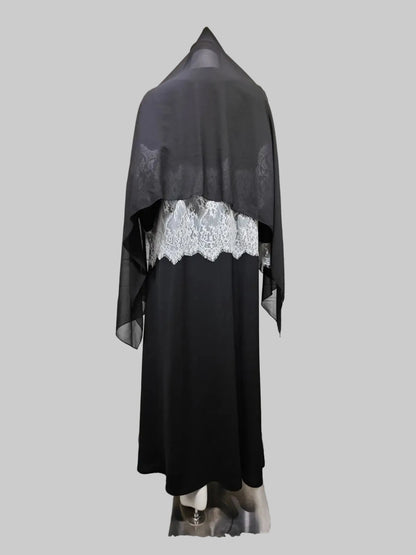 Black Patchwork Lace-Trim Abaya and Hijab Set Style 02, product view 7 2