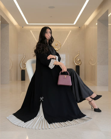 Black Patchwork Pearl-Embellished Open Abaya for Eid, product view 1 2