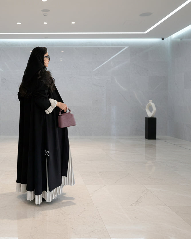 Black Patchwork Pearl-Embellished Open Abaya for Eid, product view 2