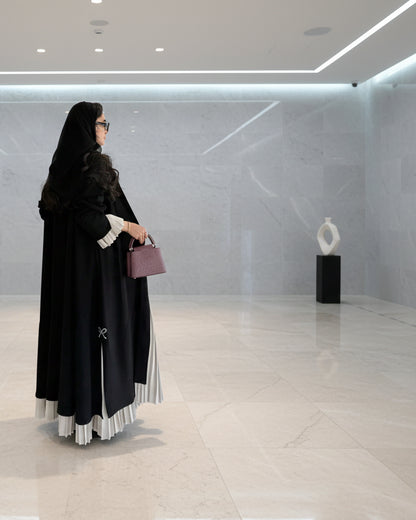 Black Patchwork Pearl-Embellished Open Abaya for Eid, product view 2 5
