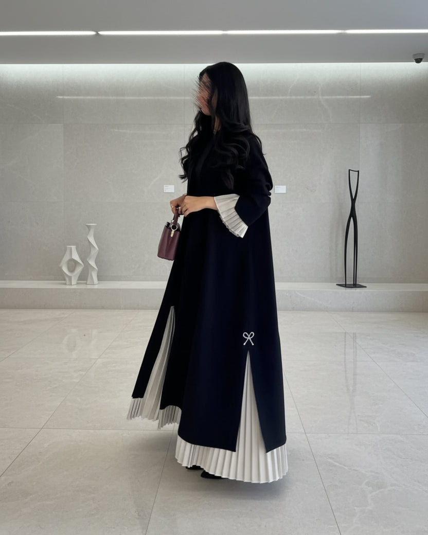 Black Patchwork Pearl-Embellished Open Abaya for Eid, product view 3