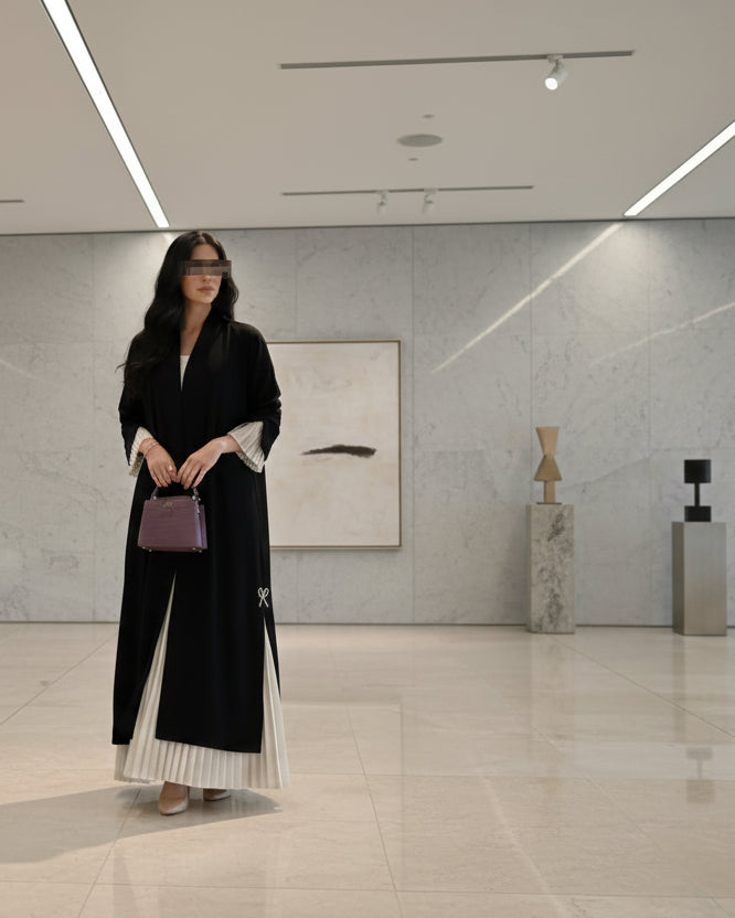 Black Patchwork Pearl-Embellished Open Abaya for Eid, product view 6 1