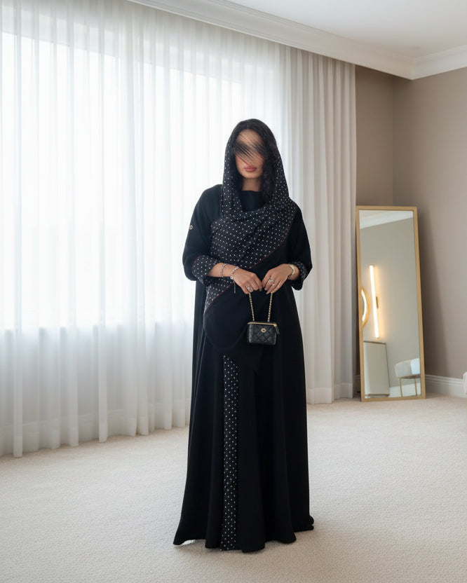 Black Polka Dot Abaya and Hijab Set, product view 4
