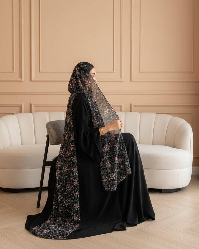 Black Polka Dot Floral Maxi Dress and Hijab Set for Everyday Wear, product view 1