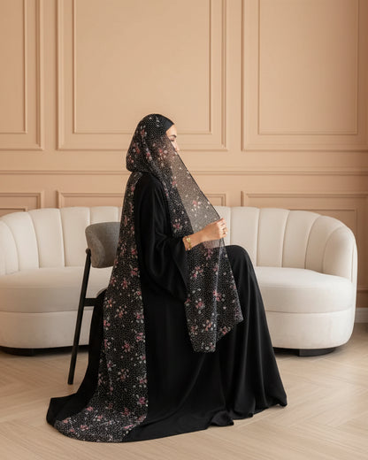 Black Polka Dot Floral Maxi Dress and Hijab Set for Everyday Wear, product view 1 5