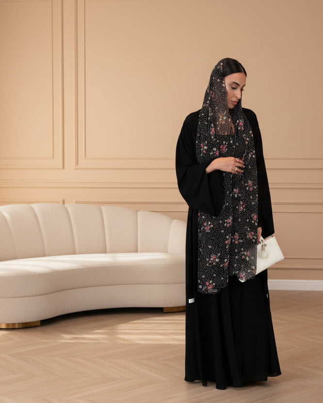 Black Polka Dot Floral Maxi Dress and Hijab Set for Everyday Wear, product view 4