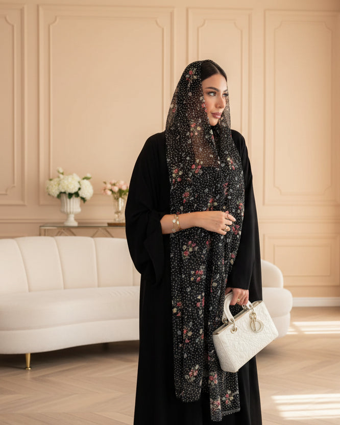 Black Polka Dot Floral Maxi Dress and Hijab Set for Everyday Wear, product view 6 1